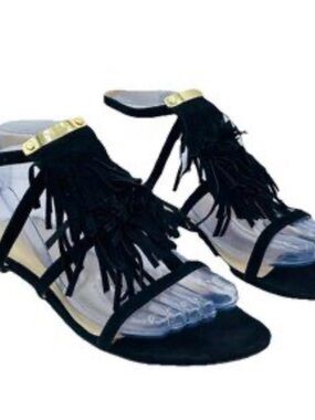 Marc Fisher Black Fringe T-Strap Sandals with Gold Accent